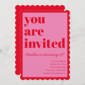 Pink and Red Modern 21st Scalloped Birthday Party Einladung (Vorne/Hinten)