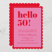 Pink and Red Modern 50th Scalloped Birthday Party Einladung (Vorne/Hinten)