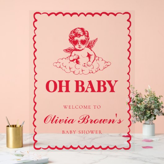 Pink and Red Retro Cherub Baby Shower Acrylschild (Hochzeit)