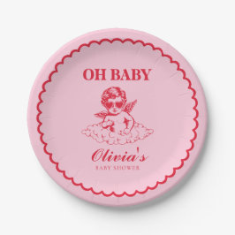 Pink and Red Retro Cherub Baby Shower Pappteller