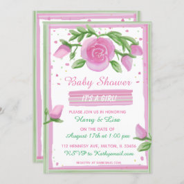 Pink and Sage Watercolor Rose Girl's Baby Shower Einladung