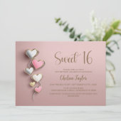 Pink and Silver Heart Theme Sweet 16 Birthday Einladung (Stehend Vorderseite)