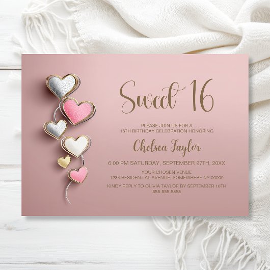 Pink and Silver Heart Theme Sweet 16 Birthday Einladung