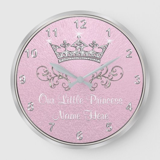 Pink and Silver Our Little Prince Clock, Your Text Große Wanduhr (Vorderseite)