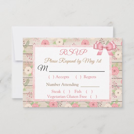 PInk and tan Rustic Wood Floral Wedding RSVP Karte (Vorderseite)