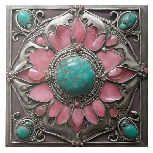 Pink and Teal Art Nouveau Mosaic Tile Pattern Fliese (Vorderseite)