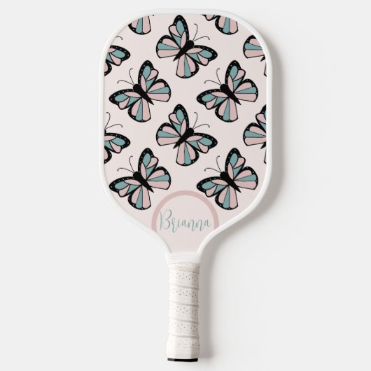 Pink and Turquoise Butterfly Pattern Pickleball Schläger (Rückseite)