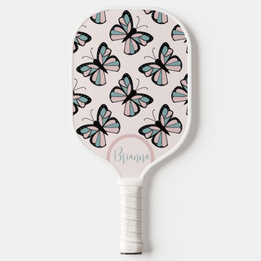 Pink and Turquoise Butterfly Pattern Pickleball Schläger (Vorderseite)