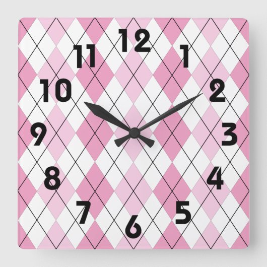 Pink and White Argyle Wall Clock Quadratische Wanduhr (Vorderseite)
