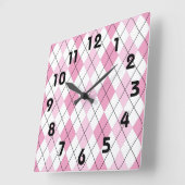 Pink and White Argyle Wall Clock Quadratische Wanduhr (Winkel)