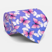 Pink and White Butterfly Pattern Neck Tie Krawatte (Gerollt)