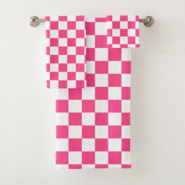Pink and White Checkered Print Badhandtuch Set