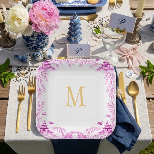 Pink and White Floral Willow Tile Monogram Pappteller