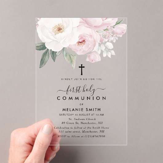 Pink and white flowers first holy communion acryleinladungen (Insitu (Handheld))