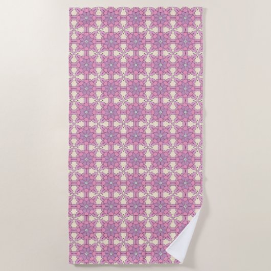 Pink and white geometric mandala patterned strandtuch (Vorderseite)