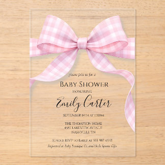 Pink and White Gingham Bow Baby Shower Invitation Acryleinladungen