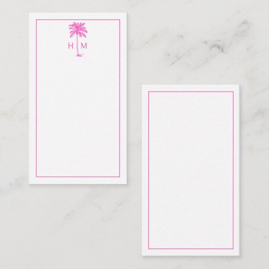 Pink and White Palm Palmetto Tree Monogram Mitteilungskarte (Vorne/Hinten)