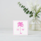 Pink and White Palm Palmetto Tree Monogram Quadratische Visitenkarte (Stehend Vorderseite)