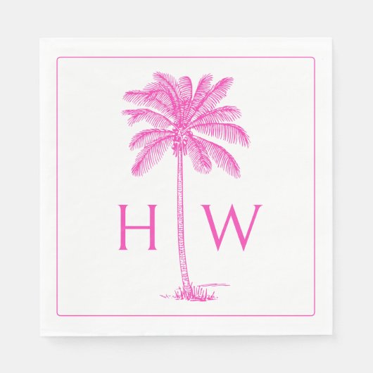 Pink and White Palm Palmetto Tree Monogram Serviette (Vorderseite)