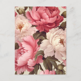 pink and white peony flowers with green leaves postkarte