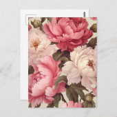 pink and white peony flowers with green leaves postkarte (Vorne/Hinten)