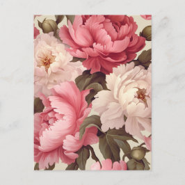pink and white peony flowers with green leaves postkarte
