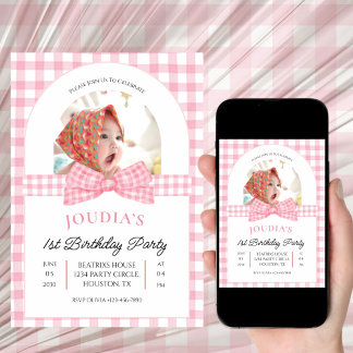 Pink and White photo Minimalist first birthday Einladung