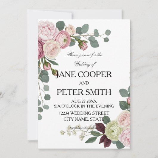 Pink and white roses Budget Wedding Invitation Einladung (Vorderseite)