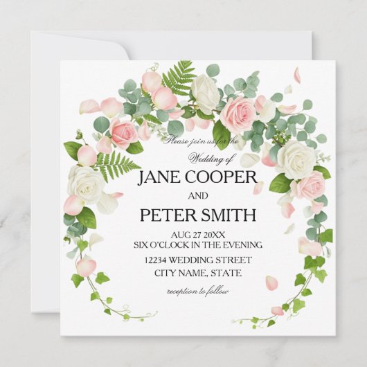 Pink and white roses Budget Wedding Invitation Einladung (Vorderseite)