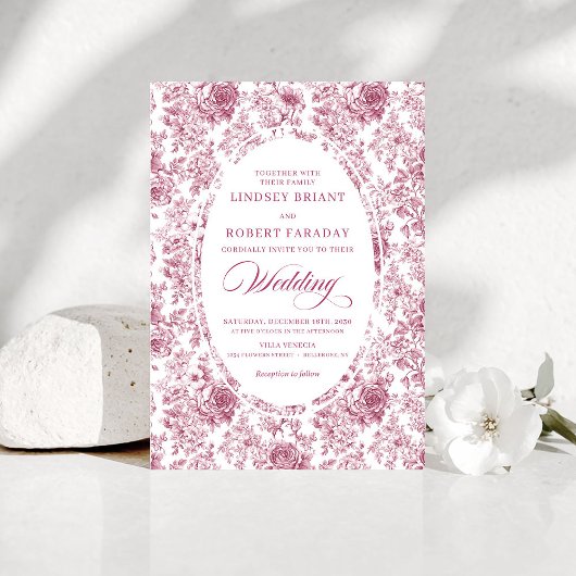 Pink and White Toile Roses Wedding Invitation Einladung