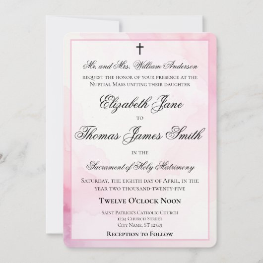 Pink and White Watercolor Catholic Wedding Einladung (Vorderseite)