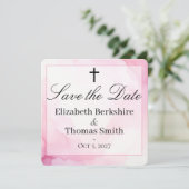 Pink and White Watercolor Catholic Wedding Save The Date (Stehend Vorderseite)