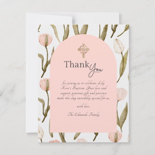 Pink and White Watercolor Tulips Baptism  Dankeskarte (Vorderseite)