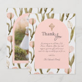 Pink and White Watercolor Tulips Baptism  Dankeskarte (Vorne/Hinten)