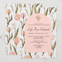 Pink and White Watercolor Tulips Baptism Invitatio