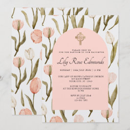 Pink and White Watercolor Tulips Baptism Invitatio Einladung
