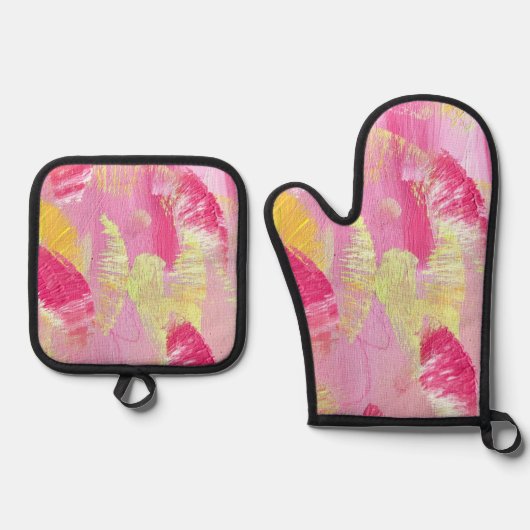 Pink and Yellow Abstract Art Ofenhandschuh & Topflappen-Set (Vorderseite)