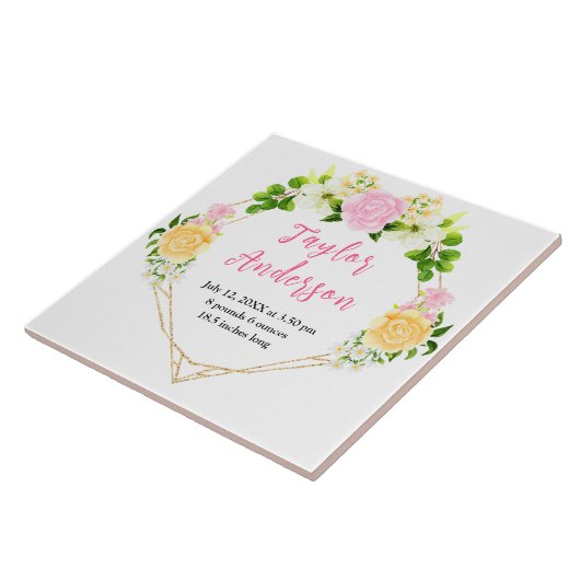 Pink and Yellow Floral Baby Birth Stats Fliese (Seite)