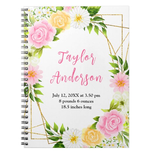 Pink and Yellow Floral Baby Birth Stats Notizblock (Vorderseite)