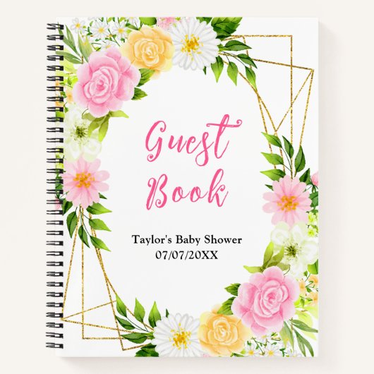 Pink and Yellow Floral Baby Shower Guest Book Notizblock (Vorderseite)