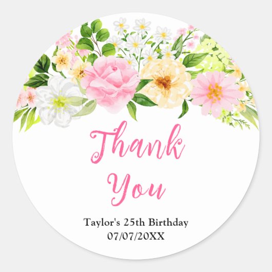 Pink and Yellow Floral Birthday Party Thank You Runder Aufkleber (Vorderseite)