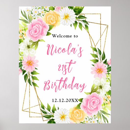 Pink and Yellow Flower Birthday Welcome Poster (Vorne)