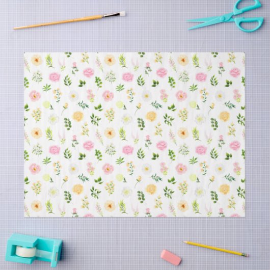 Pink and Yellow Flowers with Foliage Pattern Seidenpapier (Basteln)