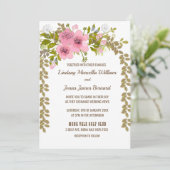 Pink Anemone Golden Blätter Einladung Hochzeit (Stehend Vorderseite)