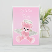 Pink Angel Teddy Bear Sip & See Einladung (Stehend Vorderseite)