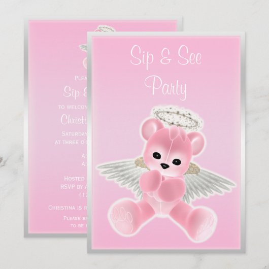Pink Angel Teddy Bear Sip & See Einladung (Vorne/Hinten)