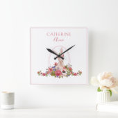 Pink Animal Bunny Floral Girl Name Quadratische Wanduhr (Zuhause)