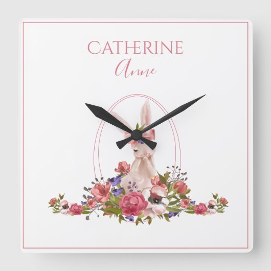 Pink Animal Bunny Floral Girl Name Quadratische Wanduhr (Vorderseite)