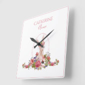 Pink Animal Bunny Floral Girl Name Quadratische Wanduhr (Winkel)