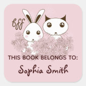 Pink Animal Friends Kinder dieses Buch gehört Quadratischer Aufkleber (Vorderseite)